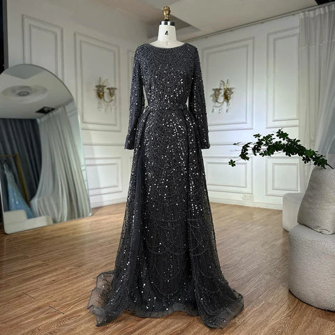Robe de soirée sirène grise musulmane ornée de perles, pour une occasion formelle, LA72032H 2025