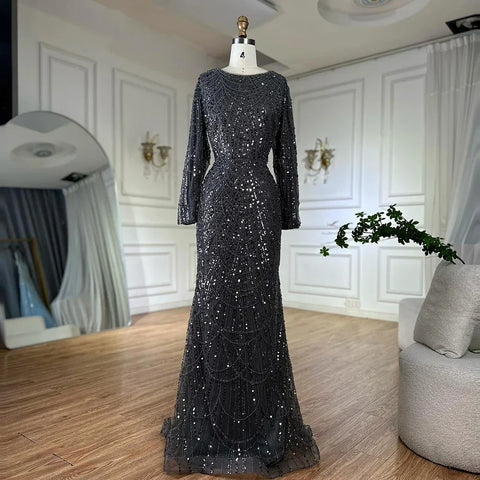 Robe de soirée sirène grise musulmane ornée de perles, pour une occasion formelle, LA72032H 2025