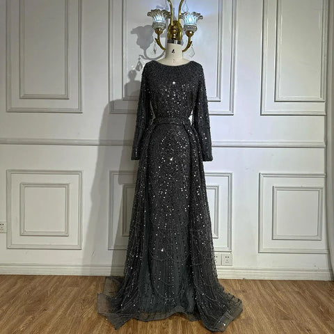 Robe de soirée sirène grise musulmane ornée de perles, pour une occasion formelle, LA72032H 2025