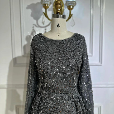 Robe de soirée sirène grise musulmane ornée de perles, pour une occasion formelle, LA72032H 2025