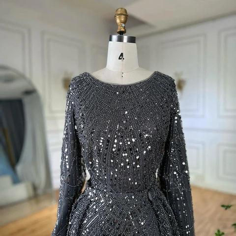 Robe de soirée sirène grise musulmane ornée de perles, pour une occasion formelle, LA72032H 2025