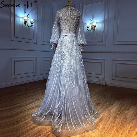 Vestidos de noche musulmanes grises con sobrefalda, elegantes vestidos de sirena con cuentas para mujer, para fiesta, LA71248 