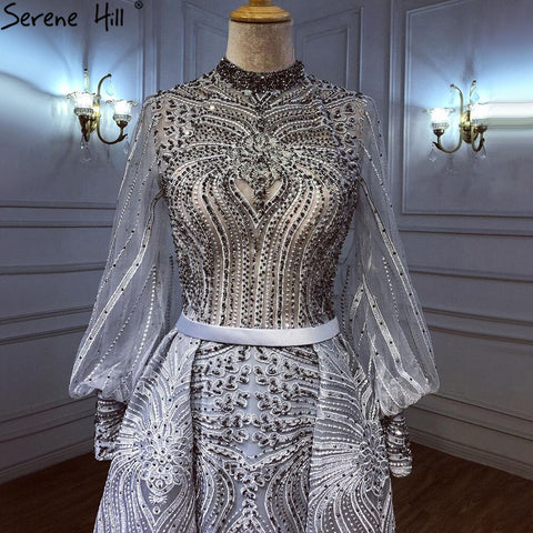 Vestidos de noche musulmanes grises con sobrefalda, elegantes vestidos de sirena con cuentas para mujer, para fiesta, LA71248 