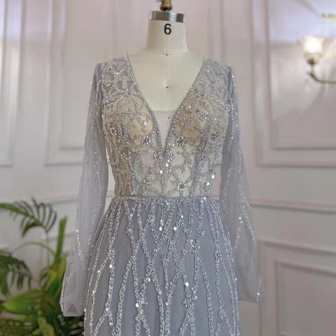Robe de soirée sirène grise à col en V et perles pour femmes musulmanes, luxueuse, Dubaï, 2025, élégante, LA71903 