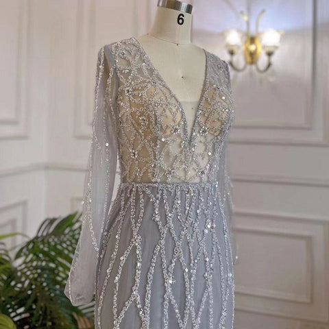 Robe de soirée sirène grise à col en V et perles pour femmes musulmanes, luxueuse, Dubaï, 2025, élégante, LA71903 