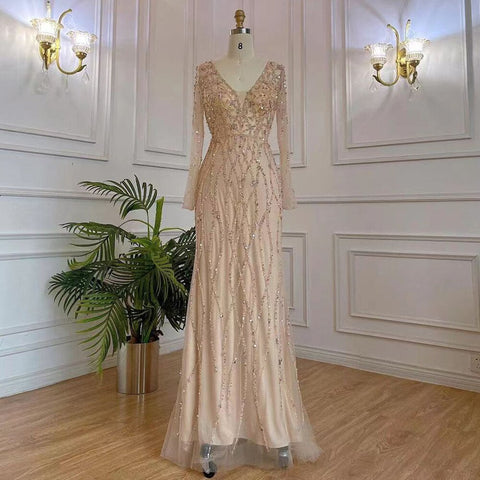 Robe de soirée sirène grise à col en V et perles pour femmes musulmanes, luxueuse, Dubaï, 2025, élégante, LA71903 