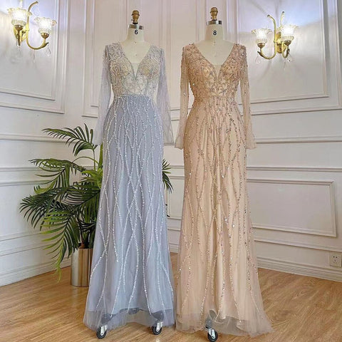 Robe de soirée sirène grise à col en V et perles pour femmes musulmanes, luxueuse, Dubaï, 2025, élégante, LA71903 