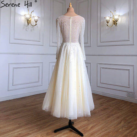 Robe de soirée de luxe musulmane ivoire, coupe trapèze, longueur cheville, perles, tenue de soirée formelle pour femme, LA71111 