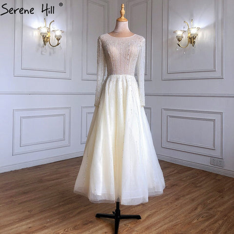 Robe de soirée de luxe musulmane ivoire, coupe trapèze, longueur cheville, perles, tenue de soirée formelle pour femme, LA71111 