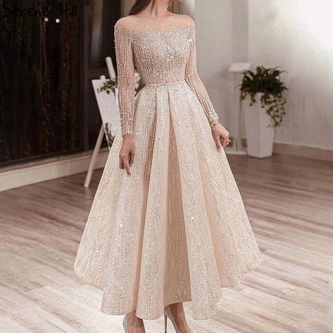 Robe de soirée de luxe musulmane ivoire, coupe trapèze, longueur cheville, perles, tenue de soirée formelle pour femme, LA71111 