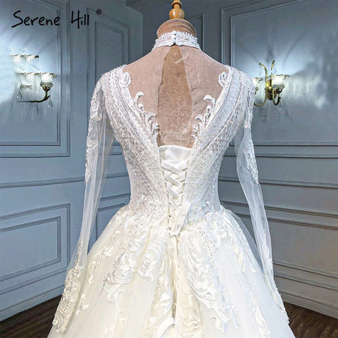 Robe de mariée musulmane de luxe ivoire 2025, coupe trapèze, robe de mariée de luxe perlée, HA2499, sur mesure 