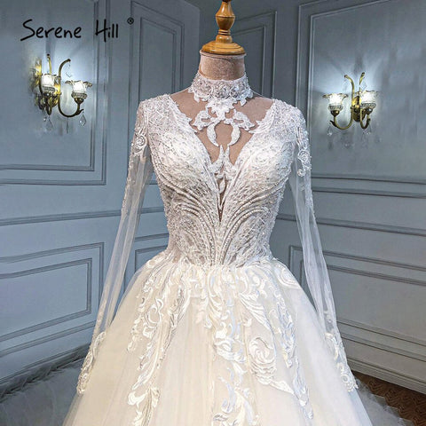 Robe de mariée musulmane de luxe ivoire 2025, coupe trapèze, robe de mariée de luxe perlée, HA2499, sur mesure 