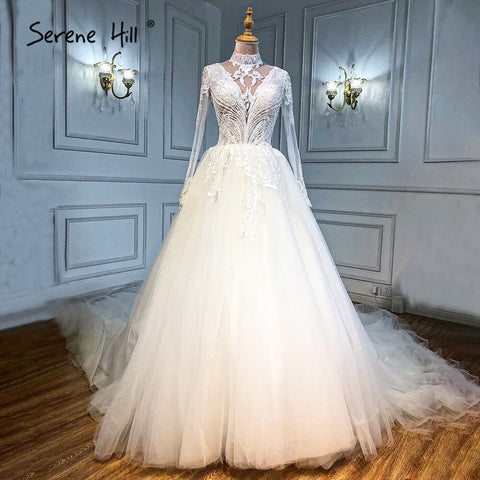 Robe de mariée musulmane de luxe ivoire 2025, coupe trapèze, robe de mariée de luxe perlée, HA2499, sur mesure 