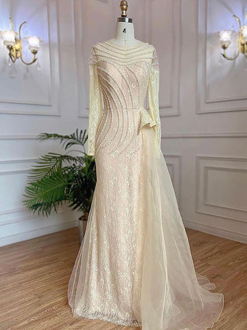 Robe de soirée sirène ivoire élégante avec jupe et col rond, luxueuse robe de soirée perlée pour femmes musulmanes, LA71767, 2025 