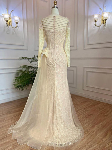 Robe de soirée sirène ivoire élégante avec jupe et col rond, luxueuse robe de soirée perlée pour femmes musulmanes, LA71767, 2025 