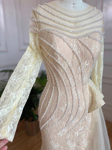 Robe de soirée sirène ivoire élégante avec jupe et col rond, luxueuse robe de soirée perlée pour femmes musulmanes, LA71767, 2025 