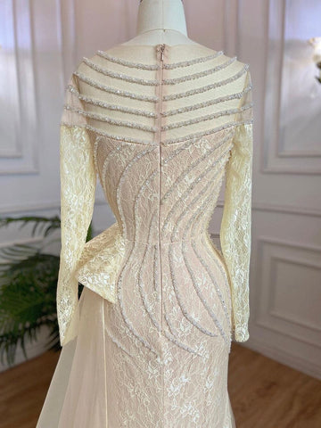 Robe de soirée sirène ivoire élégante avec jupe et col rond, luxueuse robe de soirée perlée pour femmes musulmanes, LA71767, 2025 