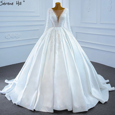 Robe de mariée musulmane de luxe en satin ivoire, robe de mariée sexy avec perles, sur mesure, HM67210, 2025 