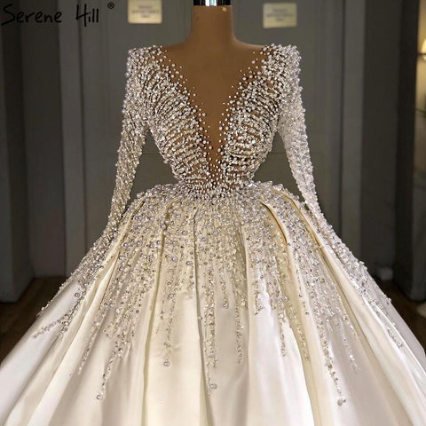 Robe de mariée musulmane de luxe en satin ivoire, robe de mariée sexy avec perles, sur mesure, HM67210, 2025 