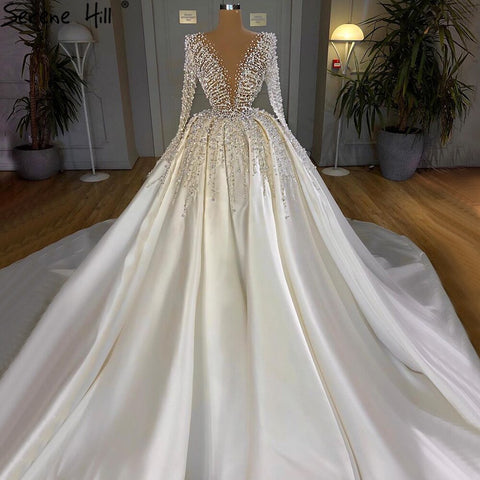 Robe de mariée musulmane de luxe en satin ivoire, robe de mariée sexy avec perles, sur mesure, HM67210, 2025 