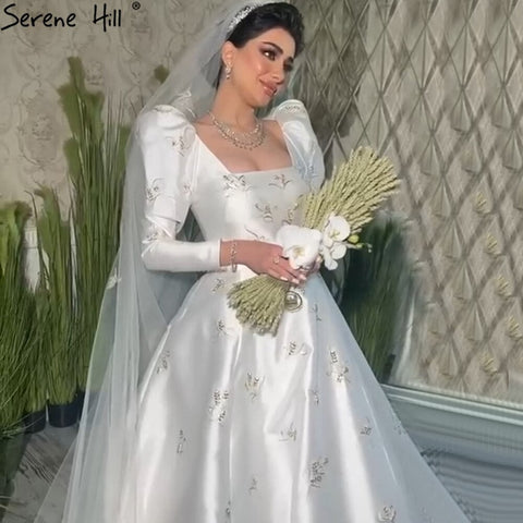 Robes de mariée musulmanes en satin ivoire, manches bouffantes, perles, sur mesure, HA2498, 2025 