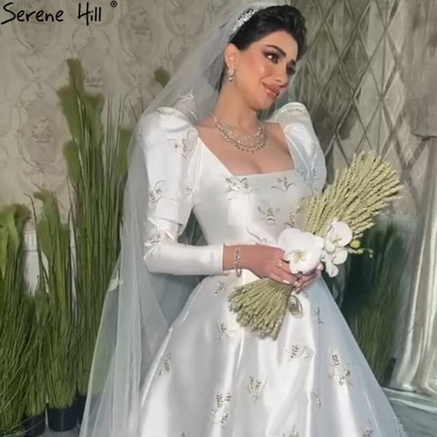 Robes de mariée musulmanes en satin ivoire, manches bouffantes, perles, sur mesure, HA2498, 2025 