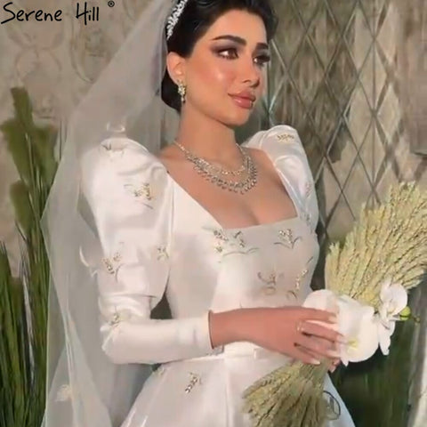 Robes de mariée musulmanes en satin ivoire, manches bouffantes, perles, sur mesure, HA2498, 2025 