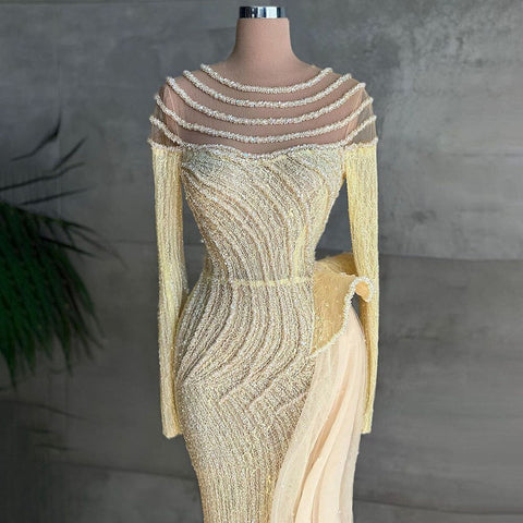 Robe de soirée sirène élégante en ivoire avec jupe et perles, col rond, luxueuse, pour femmes musulmanes, collection 2025, LA71767 