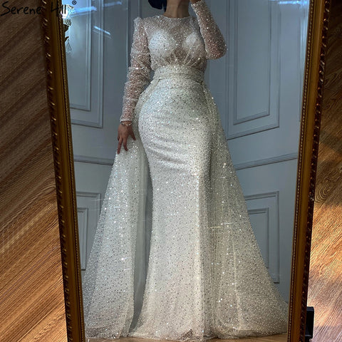 Robe de mariée musulmane ivoire avec traîne, luxueuse robe sirène élégante ornée de perles, sur mesure, HA2478, 2025 