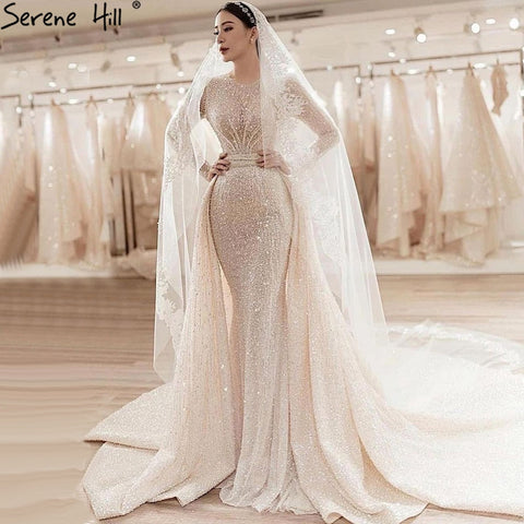 Robe de mariée musulmane ivoire avec traîne, luxueuse robe sirène élégante ornée de perles, sur mesure, HA2478, 2025 