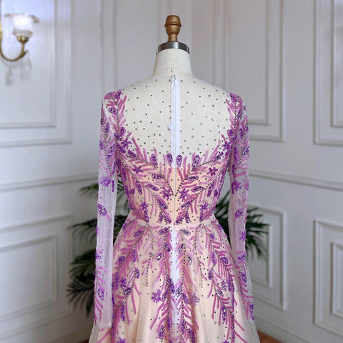 Vestidos de noche largos de lujo de Dubái, color lila, corte A, cuello redondo, con cuentas, para mujer, para fiesta de boda, LA71958 