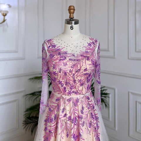 Vestidos de noche largos de lujo de Dubái, color lila, corte A, cuello redondo, con cuentas, para mujer, para fiesta de boda, LA71958 