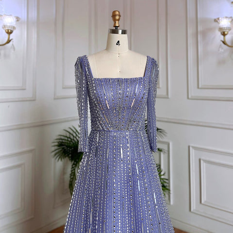 Robe de soirée de luxe lilas style musulman, coupe trapèze, col carré, perles, style Dubaï, pour femmes, fête de mariage, 2025, LA71985 