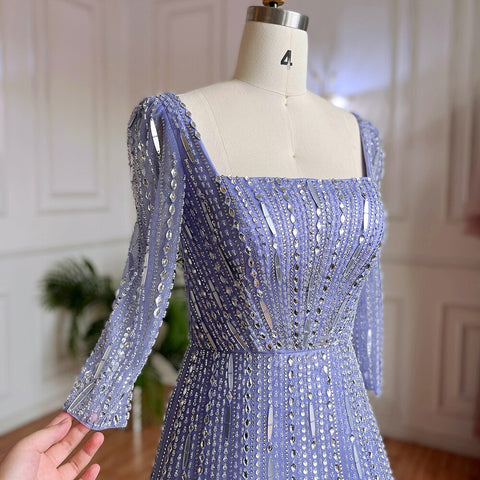 Robe de soirée de luxe lilas style musulman, coupe trapèze, col carré, perles, style Dubaï, pour femmes, fête de mariage, 2025, LA71985 
