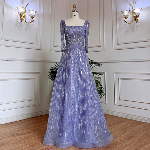 Robe de soirée de luxe lilas style musulman, coupe trapèze, col carré, perles, style Dubaï, pour femmes, fête de mariage, 2025, LA71985 