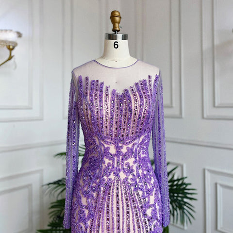 Vestido de noche largo estilo sirena musulmán, elegante, color lila, con cuentas y cristales, estilo Dubái, para mujer, boda, fiesta, LA71959 