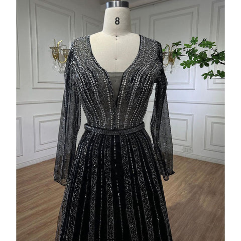 Vestidos de noche árabes de lujo musulmanes con cuentas negras, corte A, midi, para mujer, formales, para boda, fiesta, LA72113