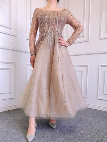 Vestidos de noche musulmanes de lujo con cuentas color caramelo, corte A, midi, hasta los tobillos, para mujer, formal, boda, fiesta, LA71111 