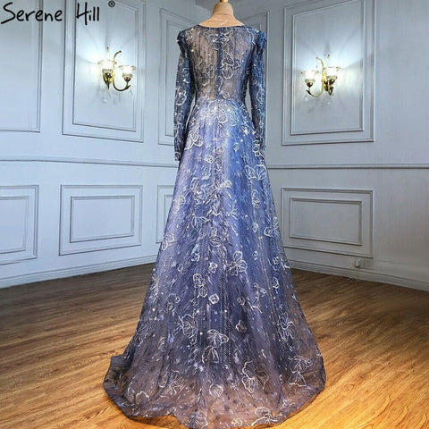 Robe de soirée musulmane de luxe bleue, coupe trapèze, en dentelle et perles, pour femme, tenue de mariage, LA71231, 2025 