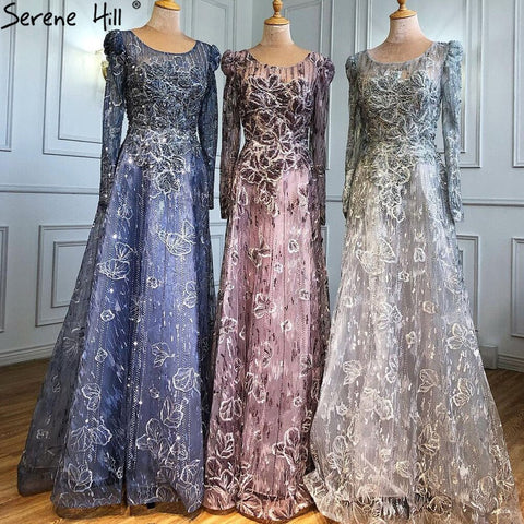 Robe de soirée musulmane de luxe bleue, coupe trapèze, en dentelle et perles, pour femme, tenue de mariage, LA71231, 2025 