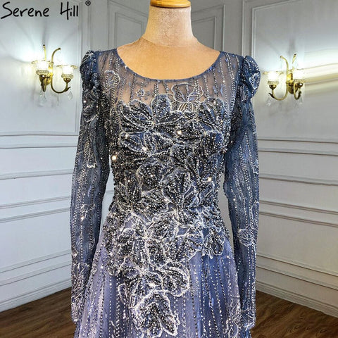 Robe de soirée musulmane de luxe bleue, coupe trapèze, en dentelle et perles, pour femme, tenue de mariage, LA71231, 2025 