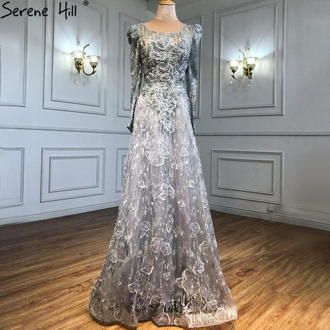 Robe de soirée musulmane de luxe bleue, coupe trapèze, en dentelle et perles, pour femme, tenue de mariage, LA71231, 2025 