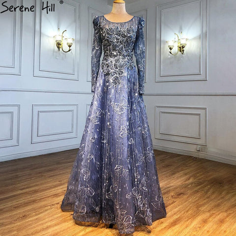 Robe de soirée musulmane de luxe bleue, coupe trapèze, en dentelle et perles, pour femme, tenue de mariage, LA71231, 2025 
