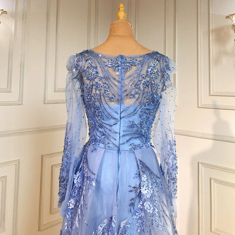 Vestidos de noche musulmanes de lujo azules, 2025, con sobrefalda de sirena con cuentas para mujer, para fiesta, LA71460 