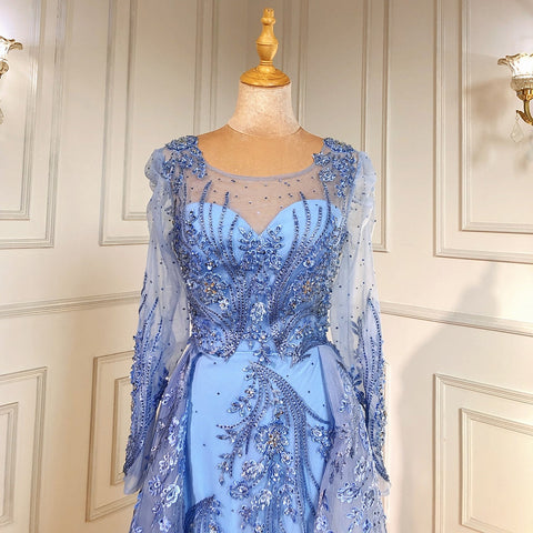 Vestidos de noche musulmanes de lujo azules, 2025, con sobrefalda de sirena con cuentas para mujer, para fiesta, LA71460 
