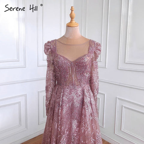 Vestidos de noche musulmanes de lujo azules, corte A, con encaje y cuentas, para mujer, fiesta, LA71312 