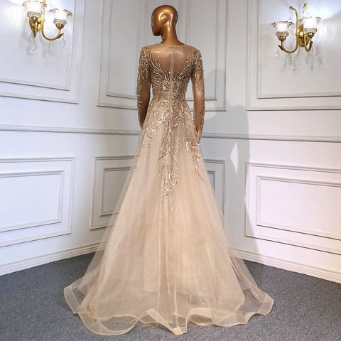 Vestidos de noche musulmanes de lujo dorados, 2025, con cuentas brillantes, corte A, para mujer, fiesta, LA71605 