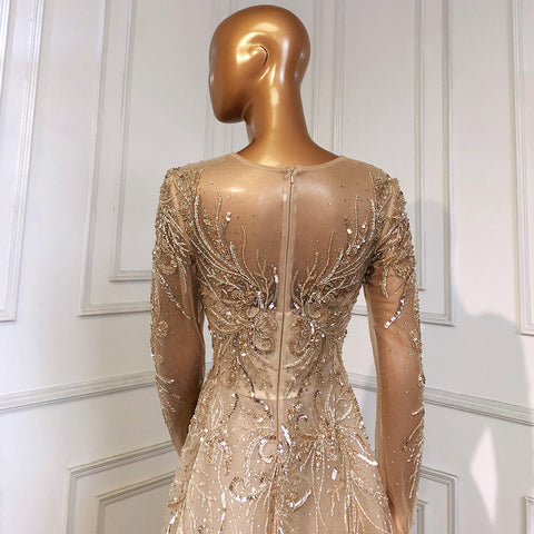 Vestidos de noche musulmanes de lujo dorados, 2025, con cuentas brillantes, corte A, para mujer, fiesta, LA71605 