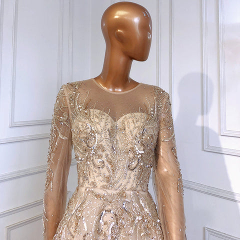 Vestidos de noche musulmanes de lujo dorados, 2025, con cuentas brillantes, corte A, para mujer, fiesta, LA71605 