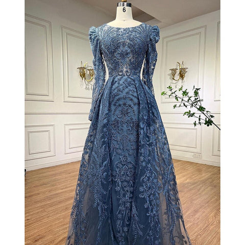 Vestido de noche musulmán de lujo verde sirena con sobrefalda árabe para mujer, fiesta de boda 2025 LA71610A 